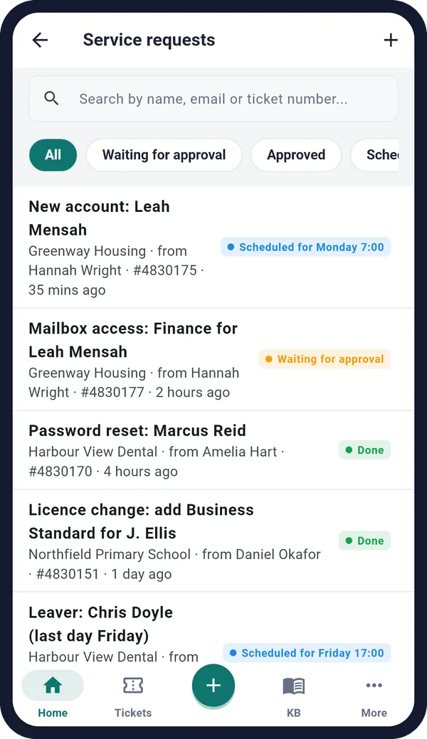 Operator app list of service requests with their status