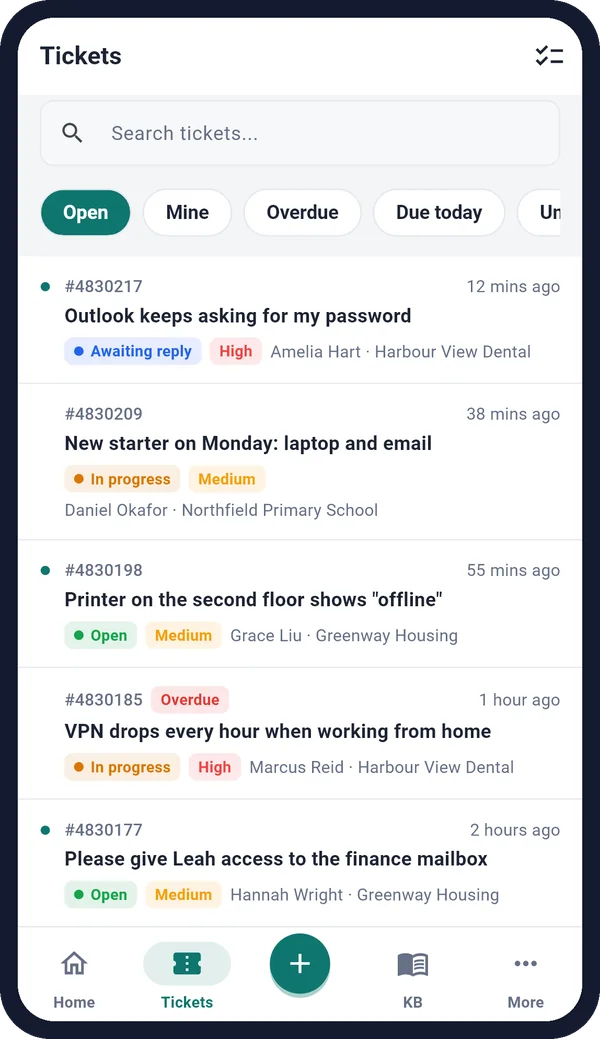 Operator app ticket list with status and priority labels